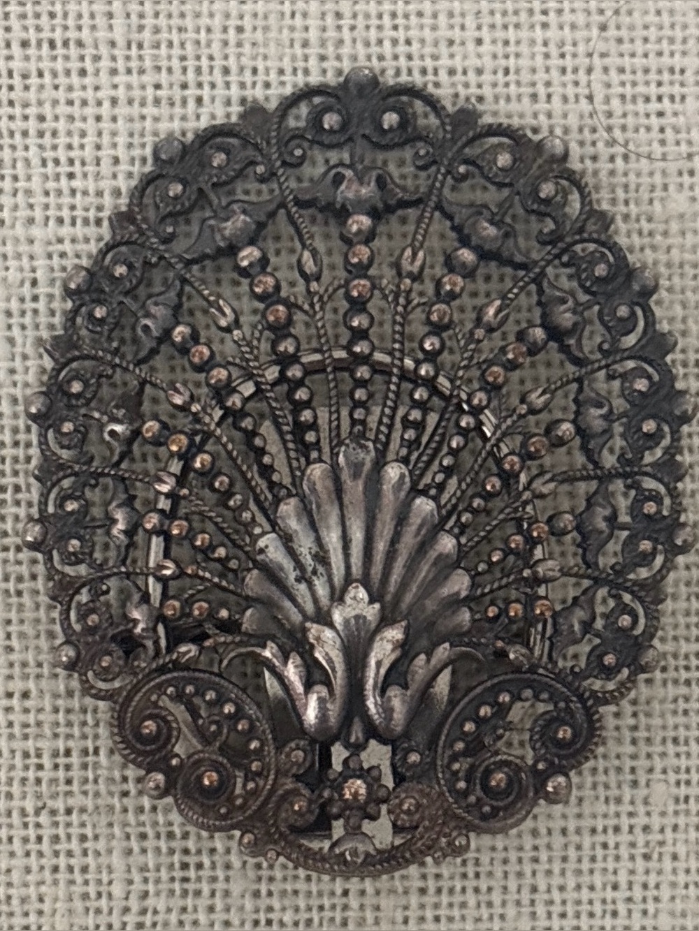 Antique French BREV S.G.D.G. Ornate Filigree Medallion Brooch Scarf/ Fur Clip
